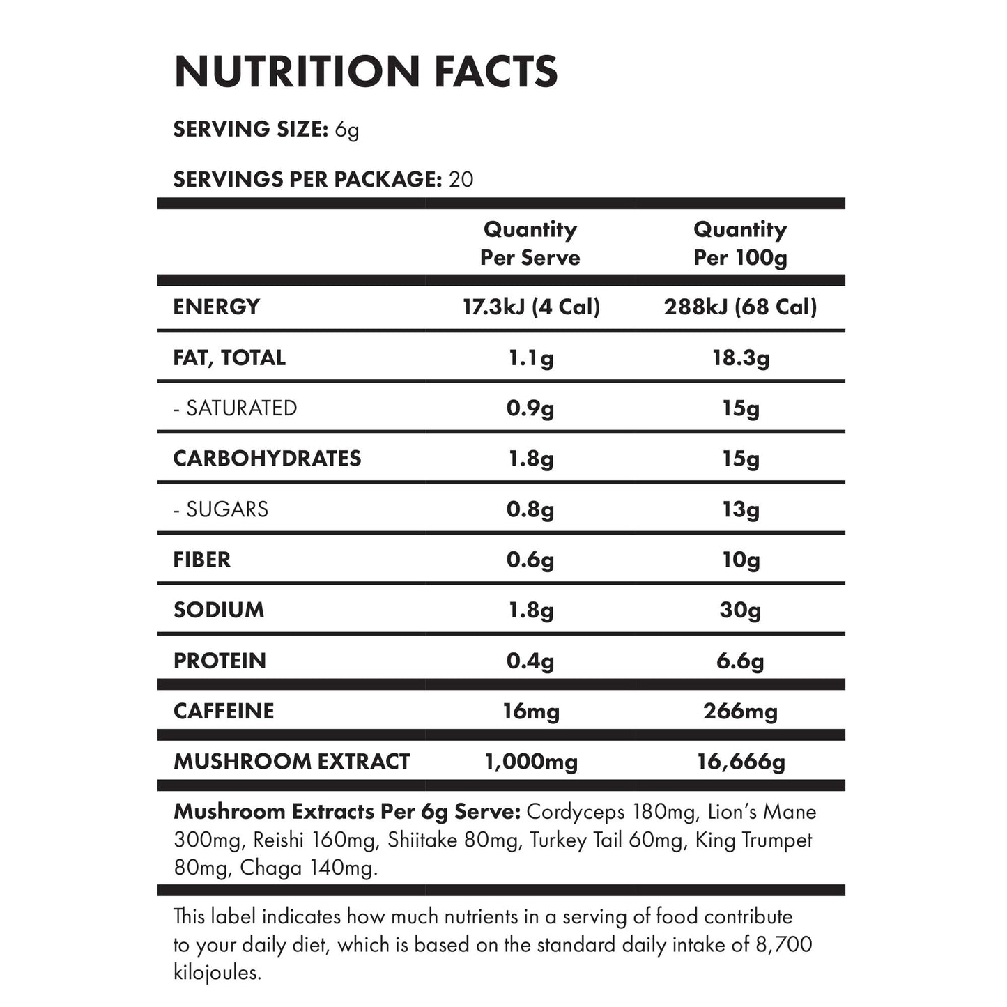 Nutritional Facts Protect Mushroom Coffee Wild Brew
