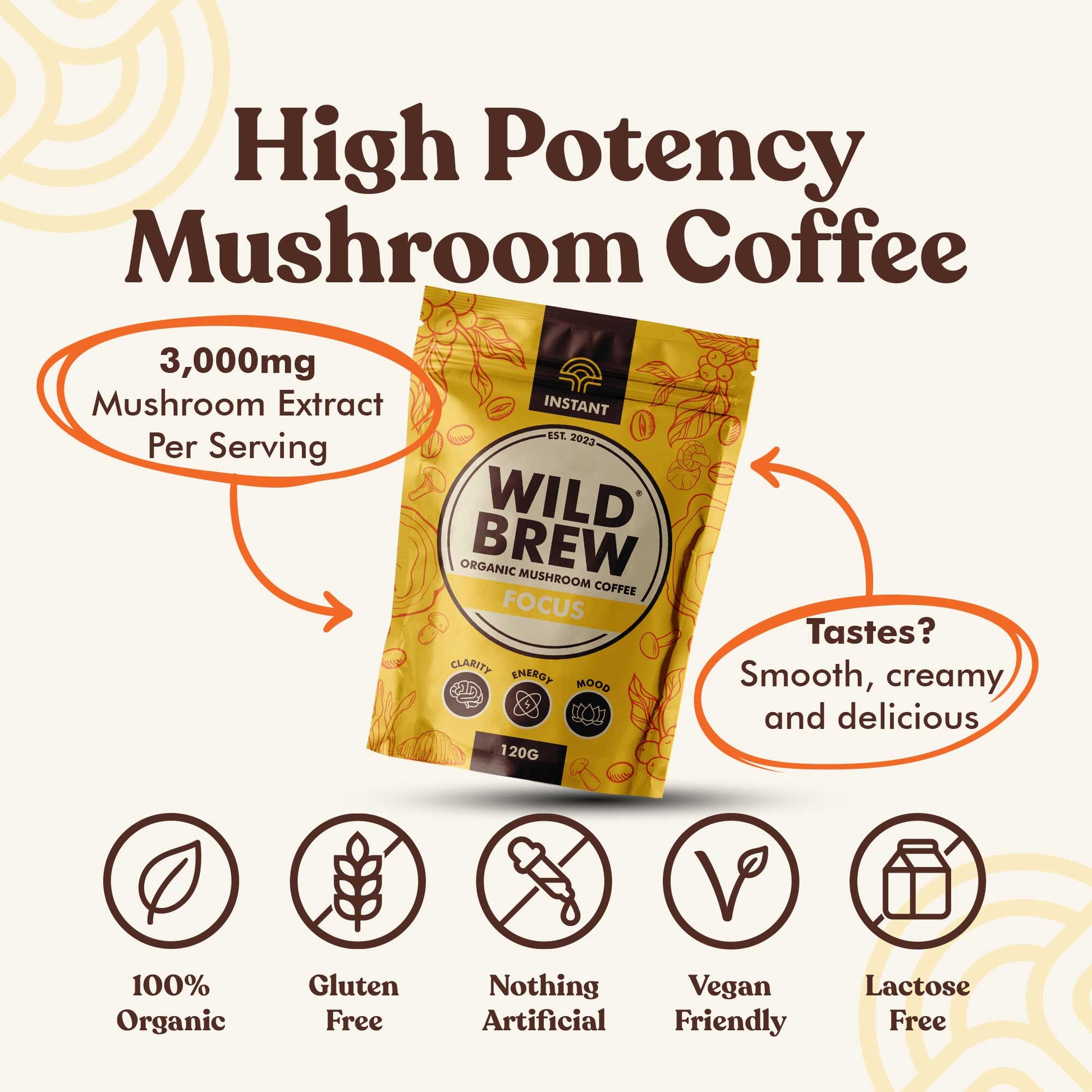 High Potency Mushroom Coffee - Focus Organic Mushroom Coffee - Wild Brew